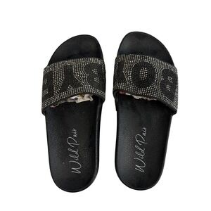 Black Rhinestone Embellished Slides Platform Sandals Women 6 Festival Beaded